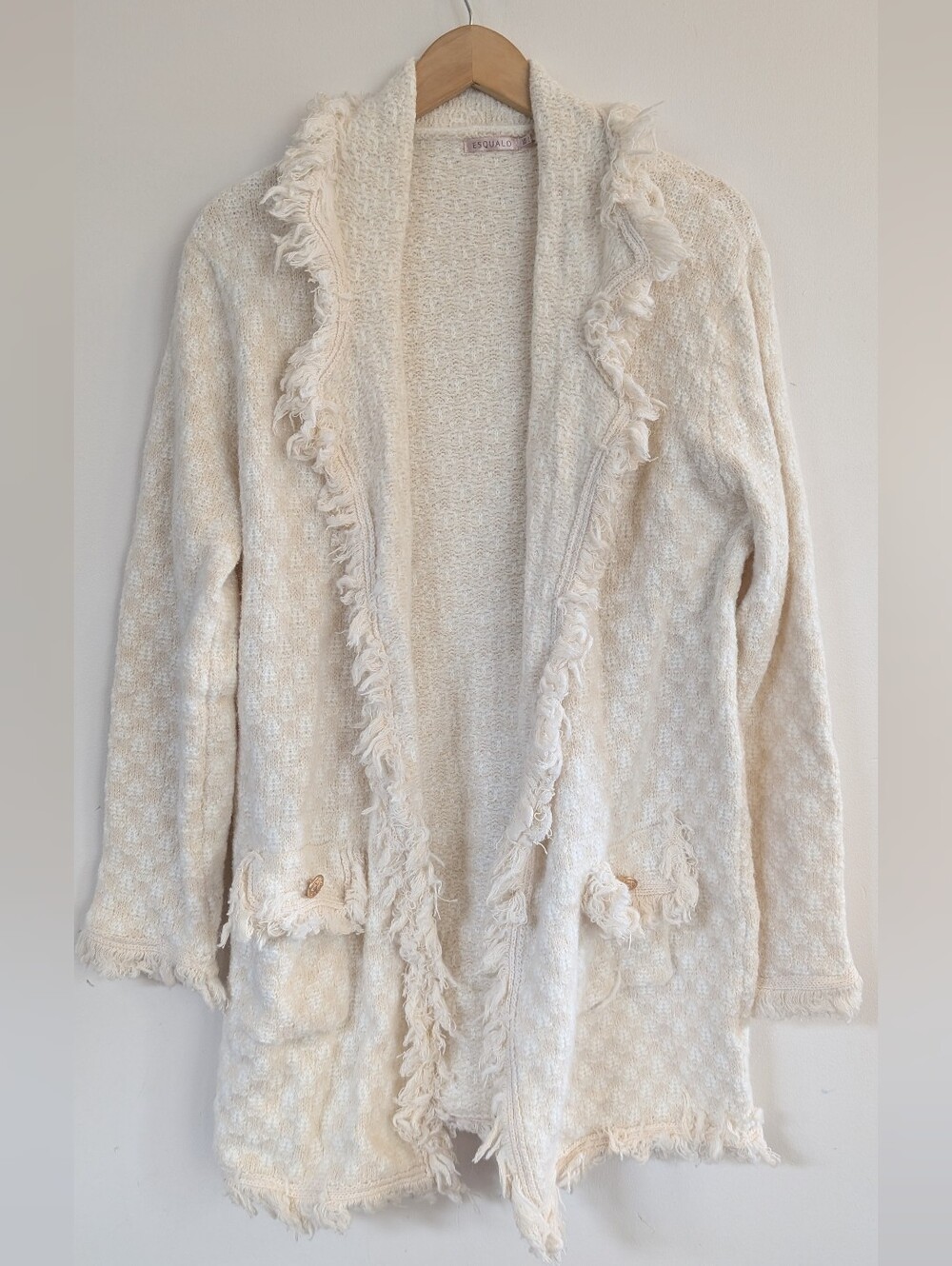 Esqualo Tweed Texture Fringe Open Long Cardigan Cream White L Large